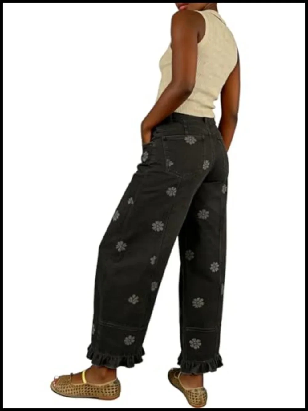 Floral Print Wide Leg Barrel Jeans for Women Y2k Patchwork Baggy Denim Pants
